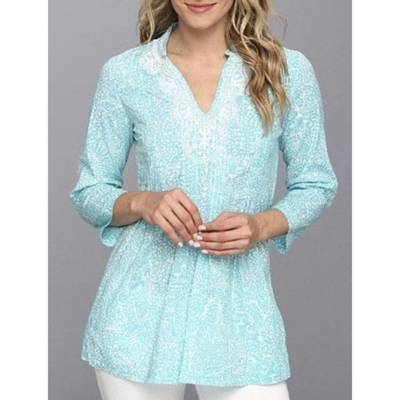 LILLY PULITZER Sarasota Tunic Top Aquamarine Blue Abstract Beaded Boho - Picture 3 of 12